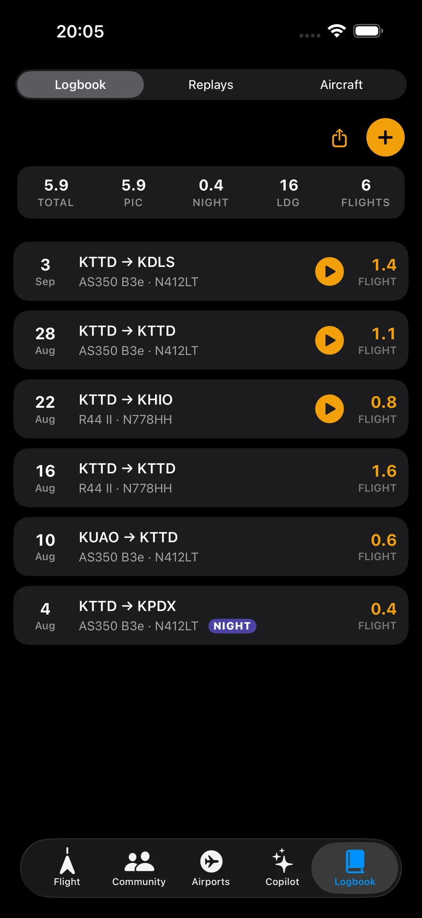 The Lateral logbook: running totals for time, PIC, night and landings, then each flight with its route and aircraft — the ones recorded in the app carry a play button back to the replay.