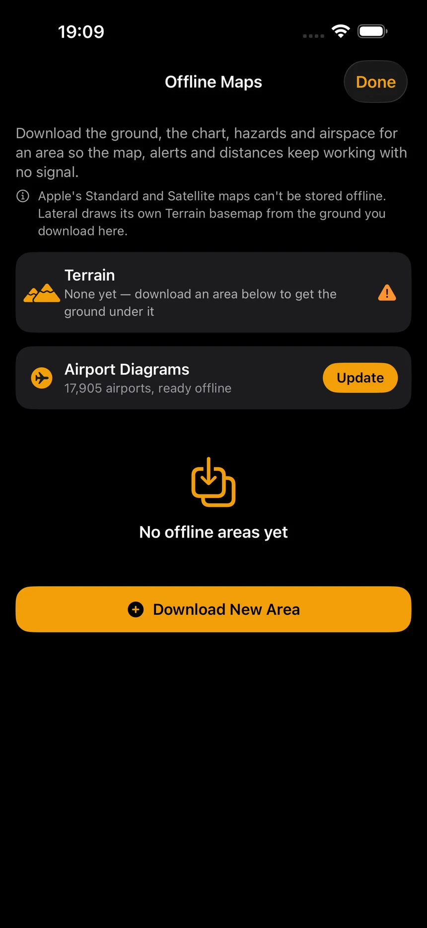 Lateral's offline maps: terrain, chart, hazards and airspace downloaded per area, with 17,905 airport diagrams already stored on the device.